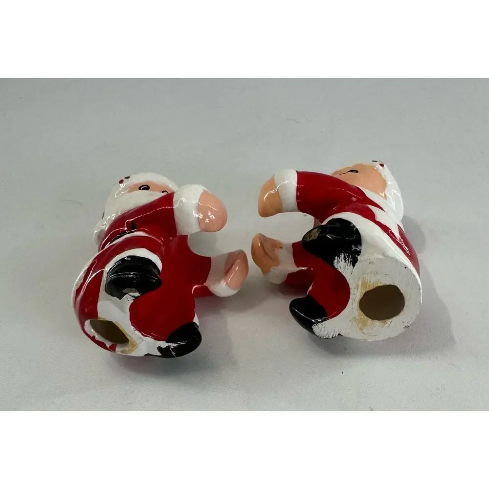 Vtg Mr & Mrs Santa Claus Ceramic Pillar Candle Hugger Holders MCM 2.0” Tall